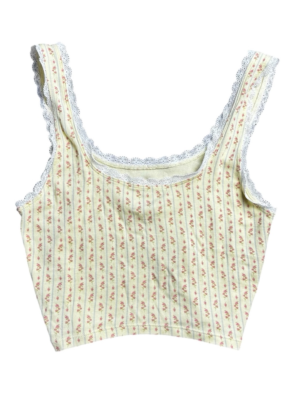 Floral Striped Yellow Lace-Trim Crop Tank - Picture 2 of 5